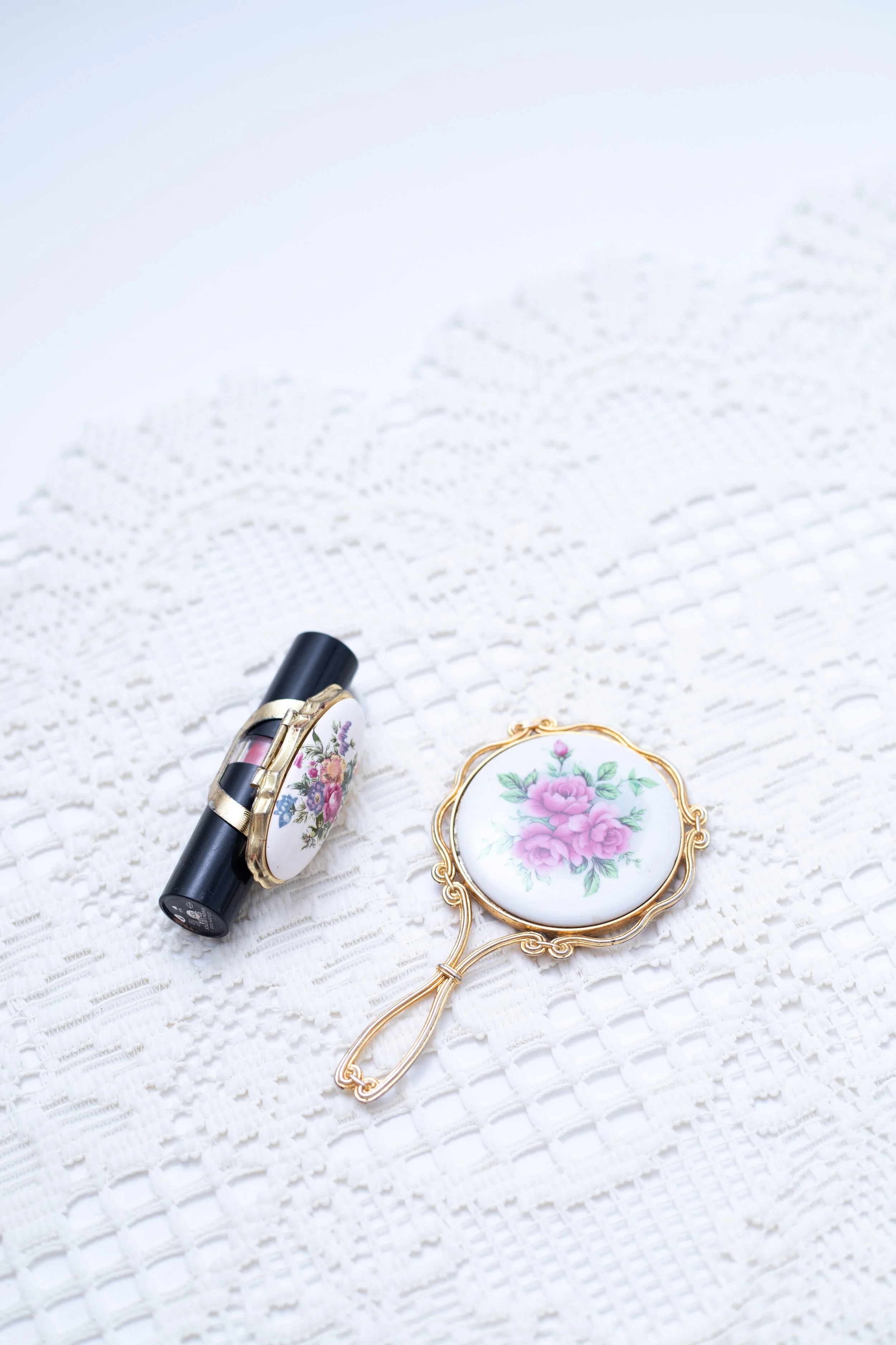 Victorian Vintage Mirror with Porcelain Rose Base