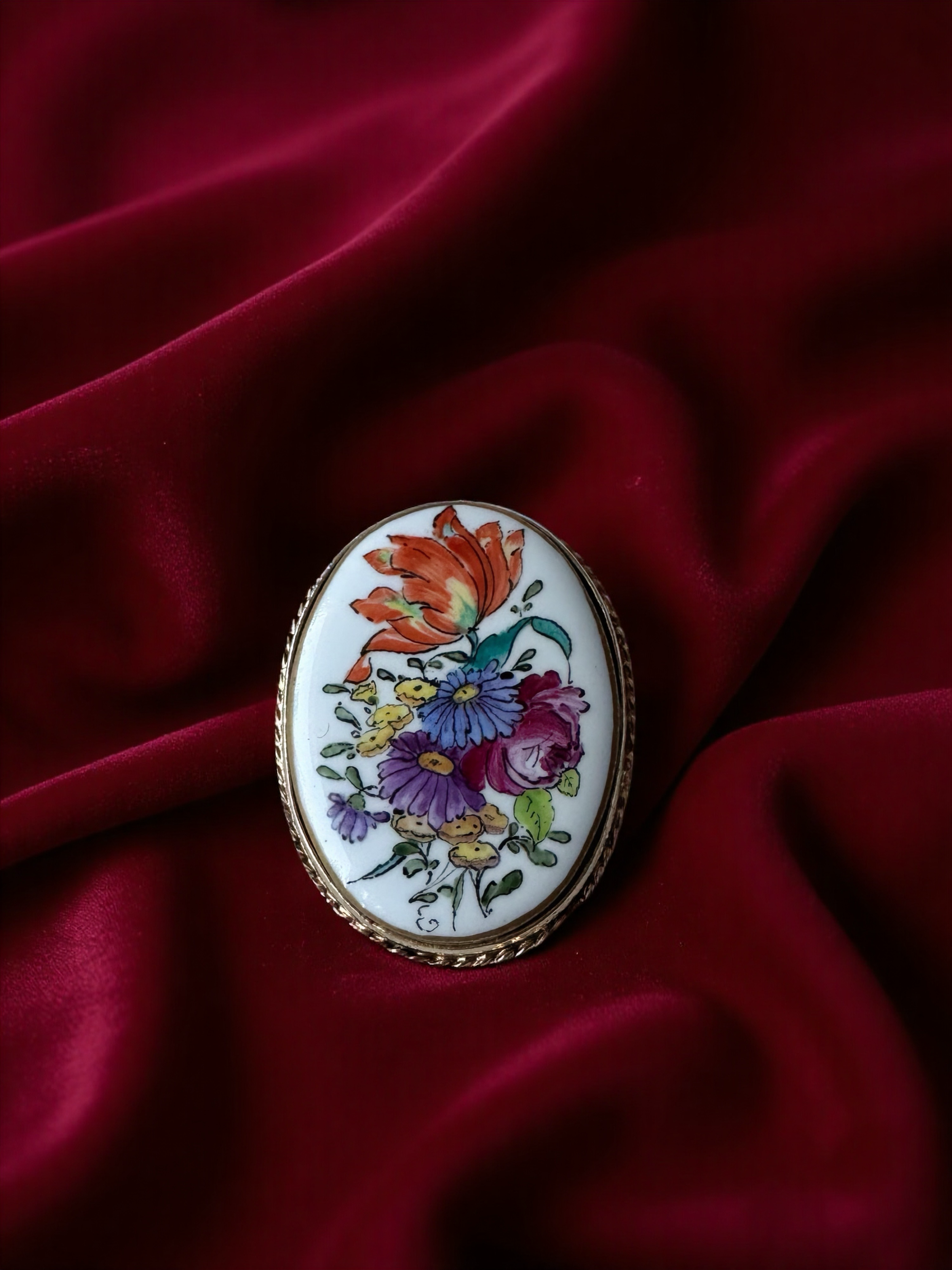 Vintage Limoges Signed “Handerbait” Oval Porcelain Flower Brooch Pendant