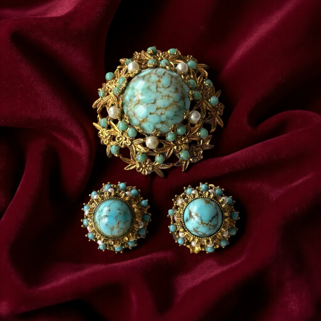 Vintage Turquoise & Gold Brooch Set with Matching Earrings