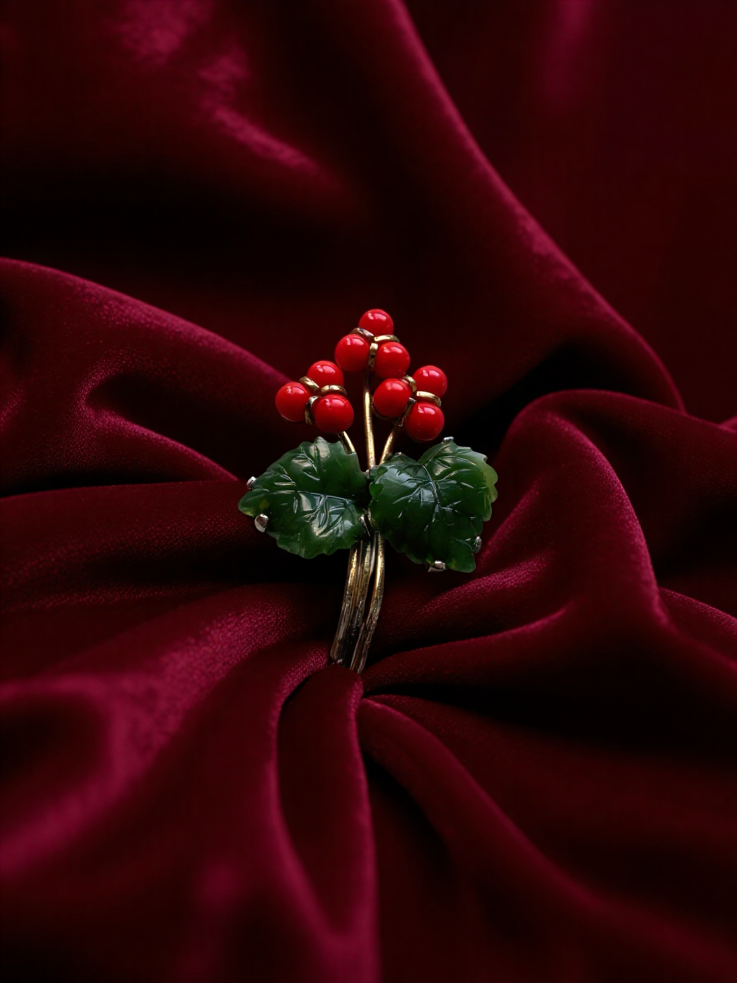 Vintage Faux Jade and Coral Brooch
