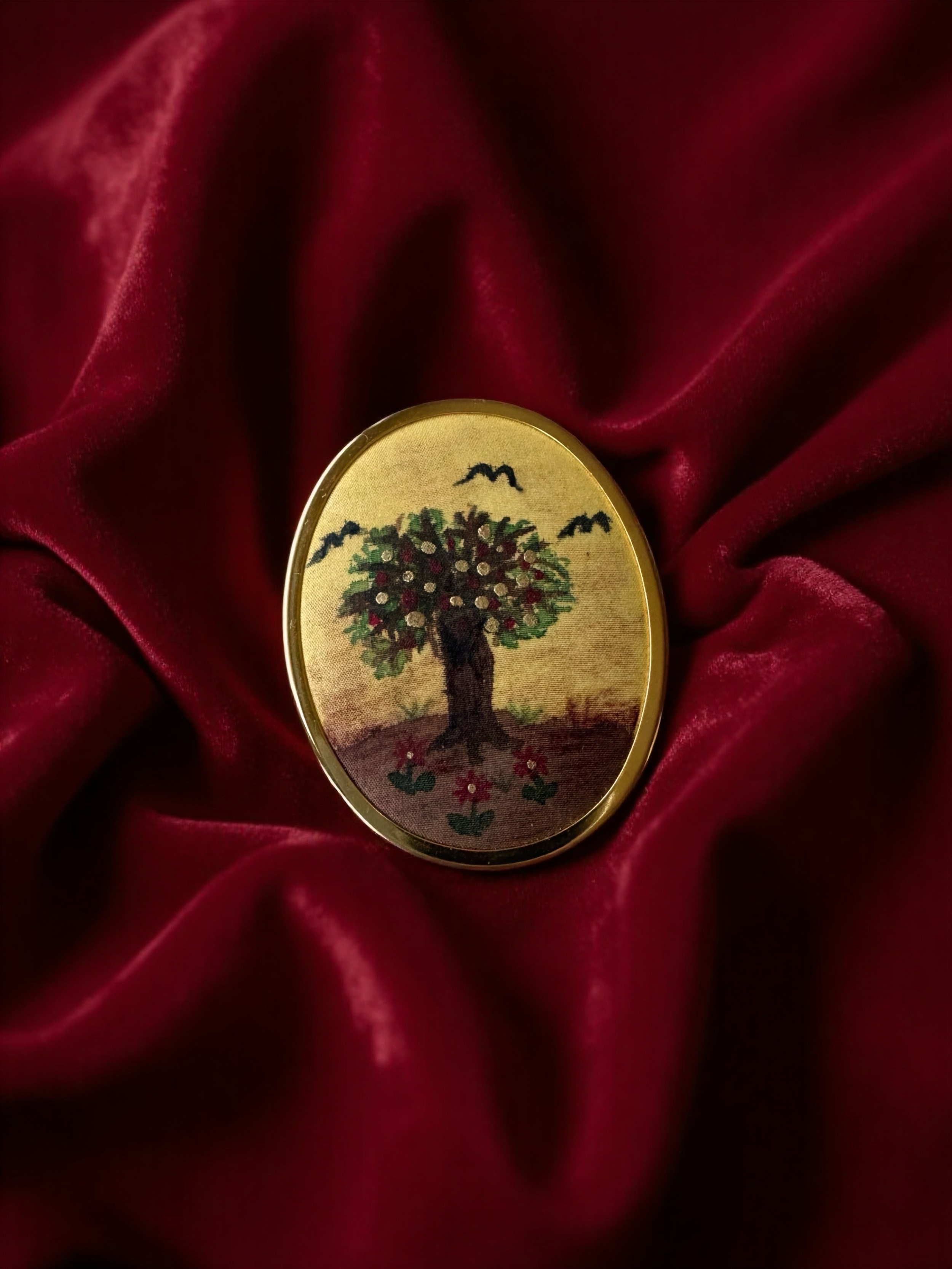 Hand-Painted Oval Silk Brooch