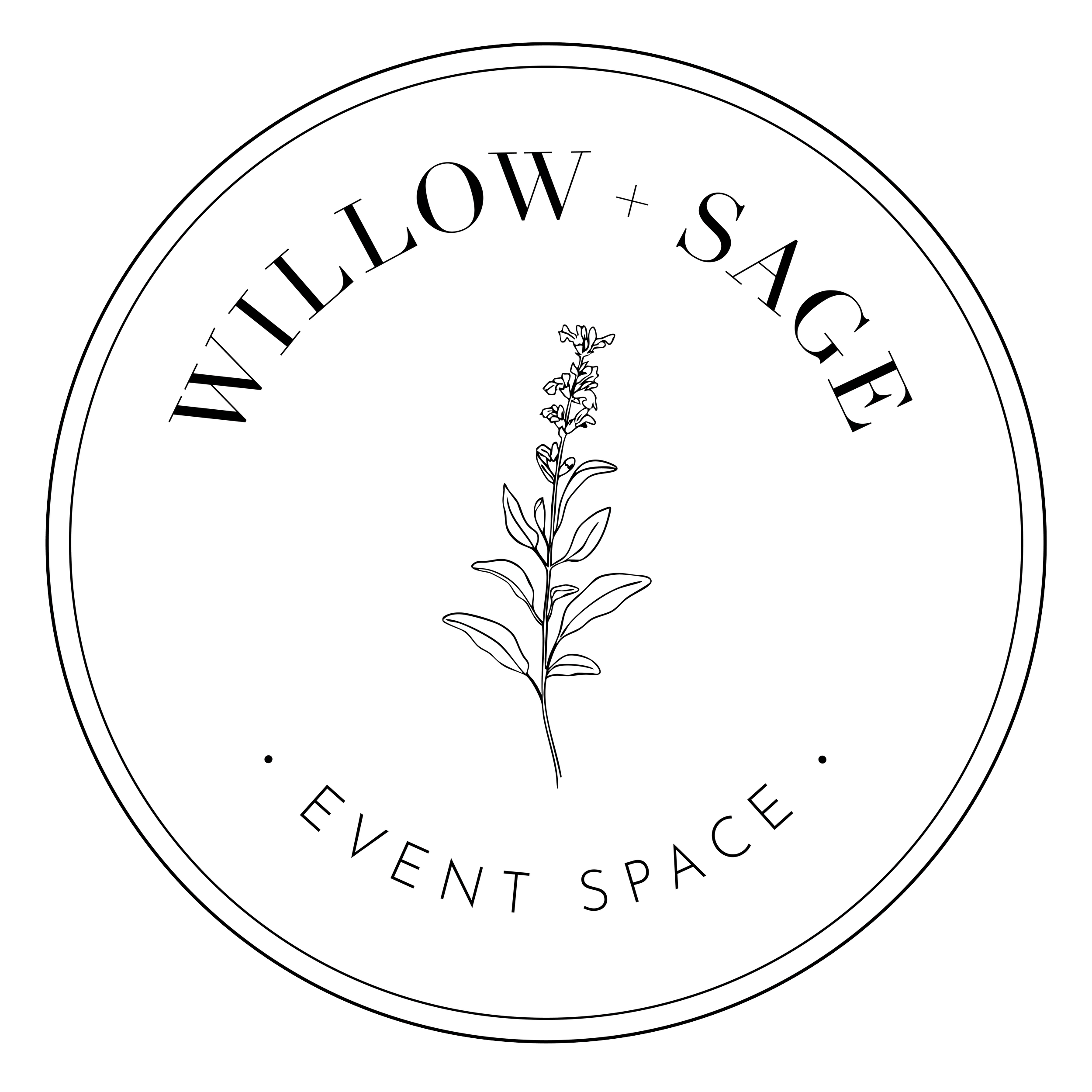 A circular black and white logo with a sketch of a plant in the center. The text around the top reads 'WILLLOW + SAGE' and around the bottom reads 'EVENT SPACE'.