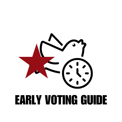 An illustration of a dove, a red star, and a clock, with the text 'Early Voting Guide' underneath.