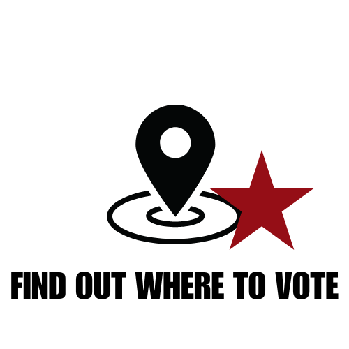 A logo with a map pin and red star, featuring the text 'Find out where to vote' for voter information.