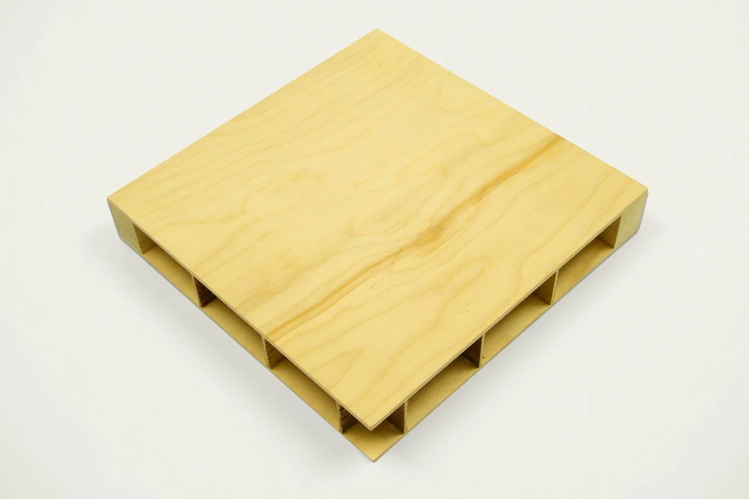 A wooden double sided panel with a wood-grid core.
