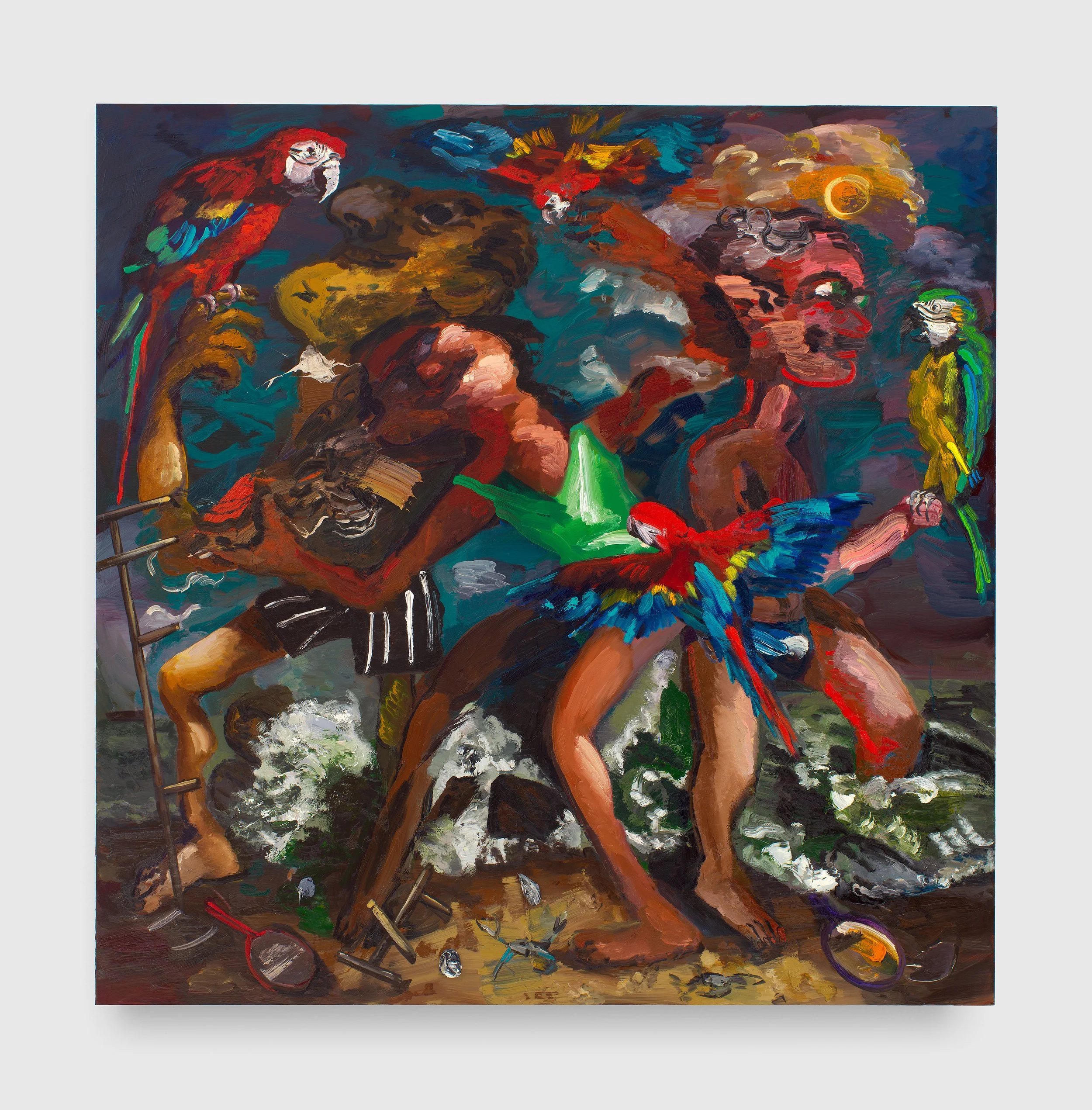 Colorful abstract painting featuring birds, fish, flowers, and vibrant swirling shapes.