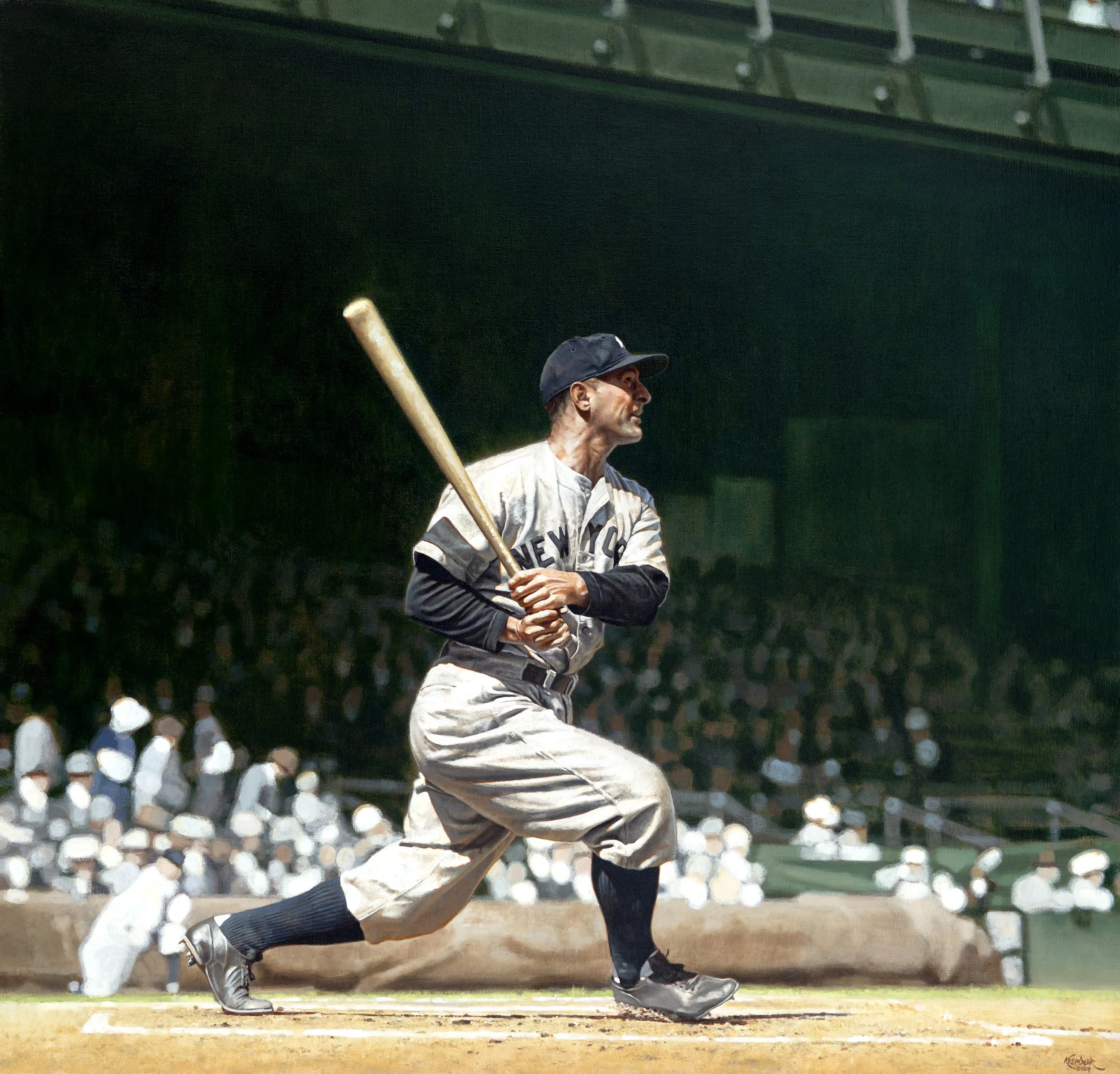 Graig Kreindler's painting. A baseball player with a dark cap, white jersey, and black cleats is in a balanced stance holding a bat, prepared to swing, on a baseball field with a chain-link fence and trees in the background.