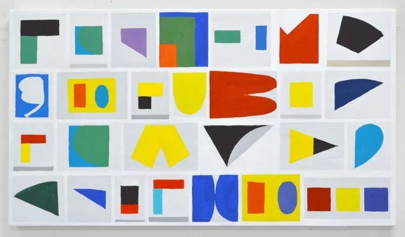 Collection of colorful abstract geometric shapes on white cards arranged in a grid.