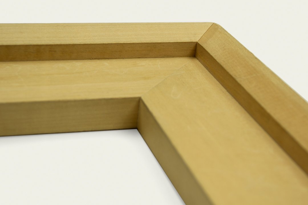 Close-up of a painting support corner with miter joint.