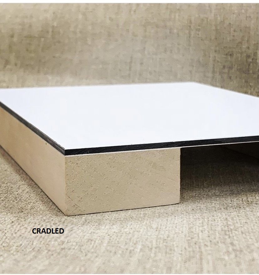 Close-up of a cradled panel profile for Simon Liu Inc's dibond panel.