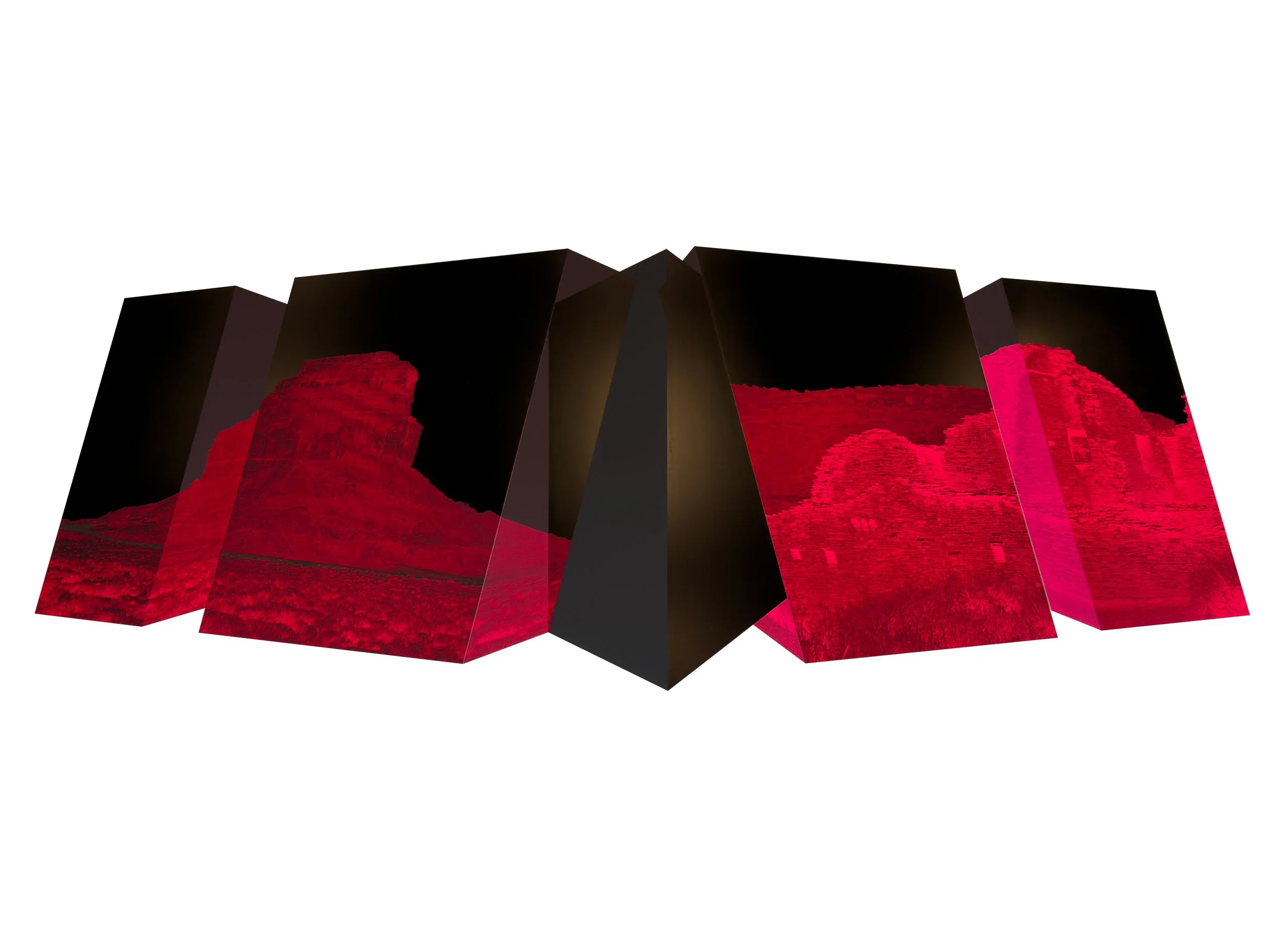 Digital artwork featuring geometric black shapes with red textured forms inside, set against a white background.