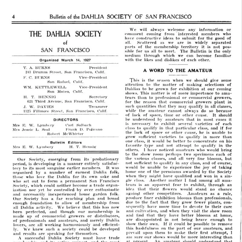 Pages from 1927 Dahlia Society of California printed bulletin