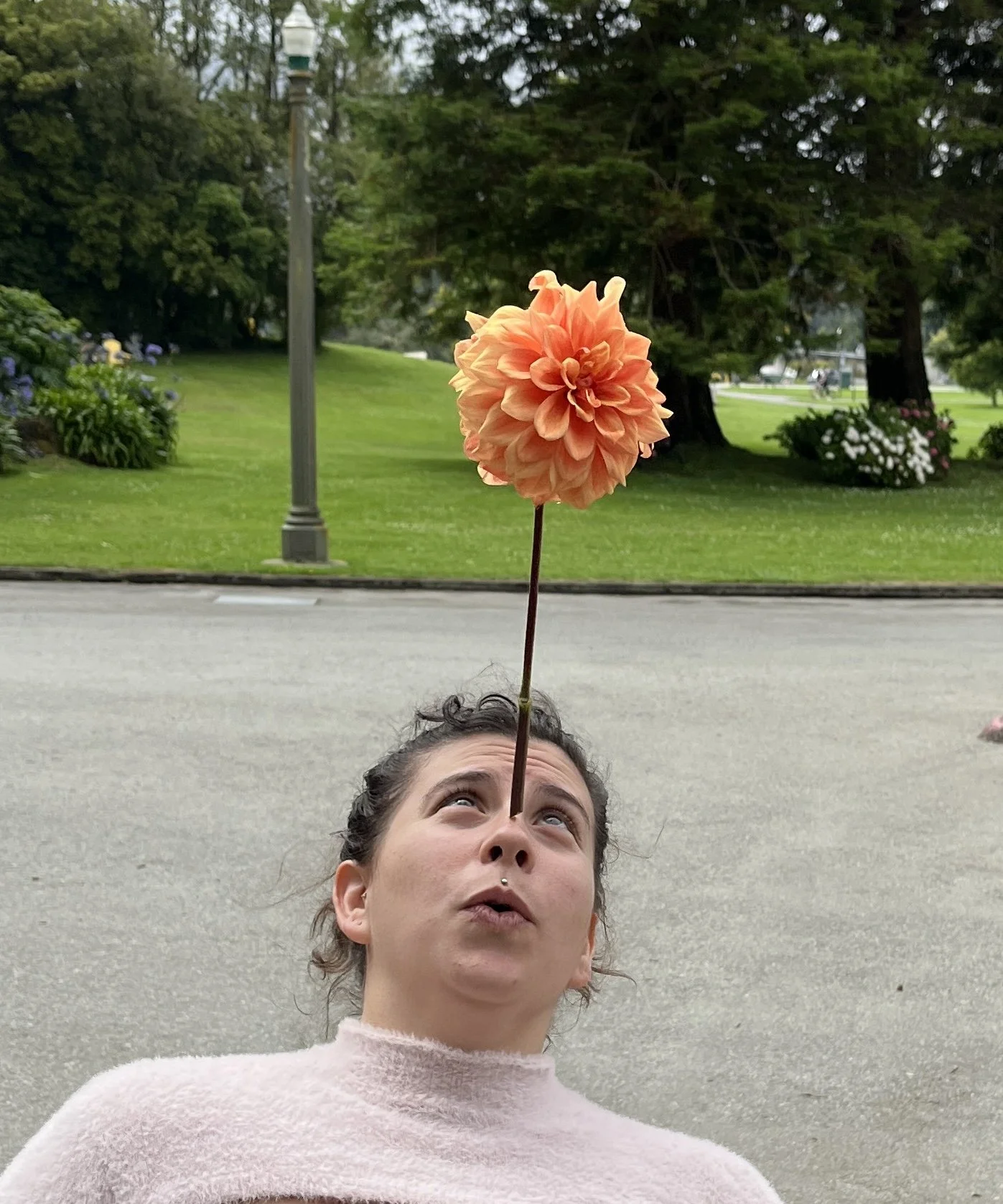 This woman borrowed a dahlia to balance on her nose!
