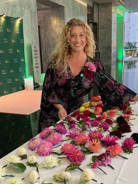 Jenna and her gorgeous dahlia corsages for the Parks Alliance fundraiser. 
