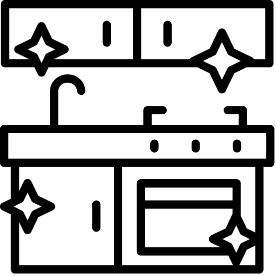 Schwarze und weiße Küchenzeile icon mit Herd, Spüle und Ober- und Unterschränken, verziert mit Glanzeffekten.