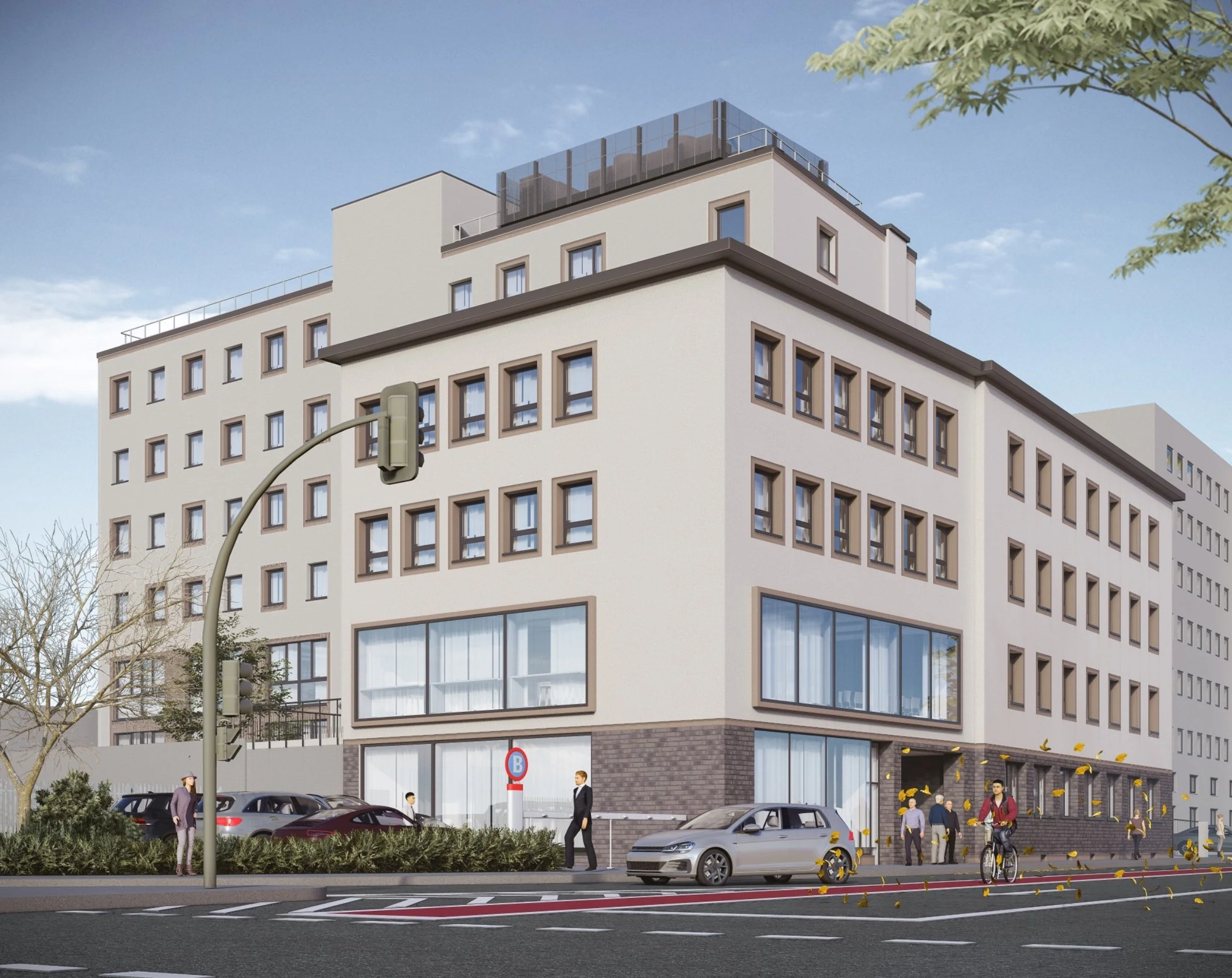 Modernes mehrstöckiges Gebäude mit großen Fenstern an einer städtischen Straße, Menschen gehen vorbei, einige warten an der Haltestelle, Motorrad und Fahrrad sind auf der Straße, Bäume und ein blauer Himmel im Hintergrund.