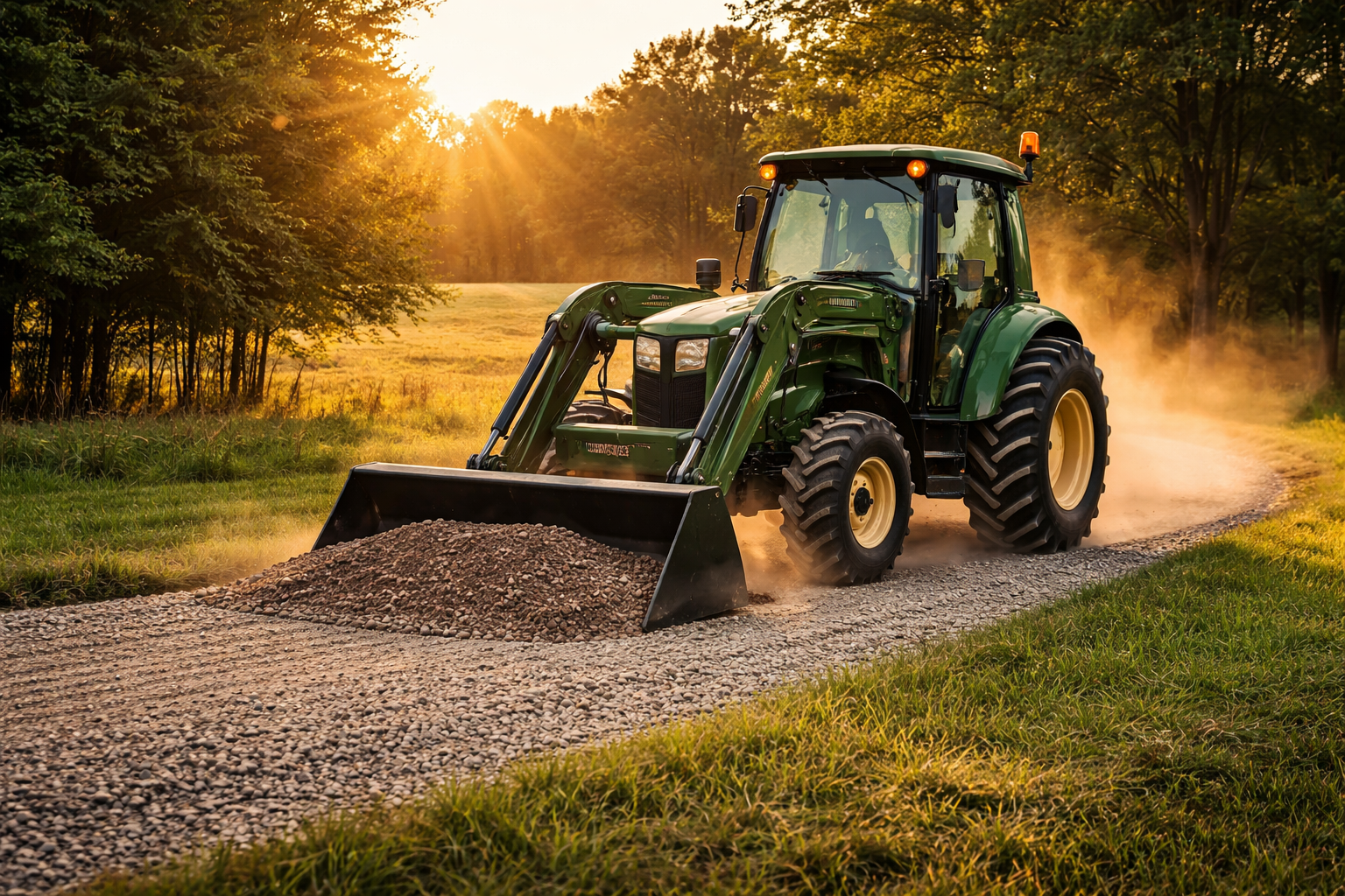 A green tractor with a front loader spreading gravel on a rural dirt road at sunset.