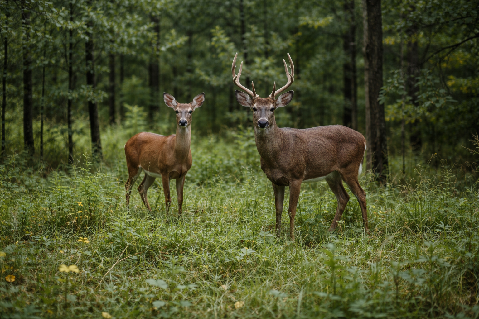 Two deer, a male with large antlers and a female, standing in a lush, green forest.