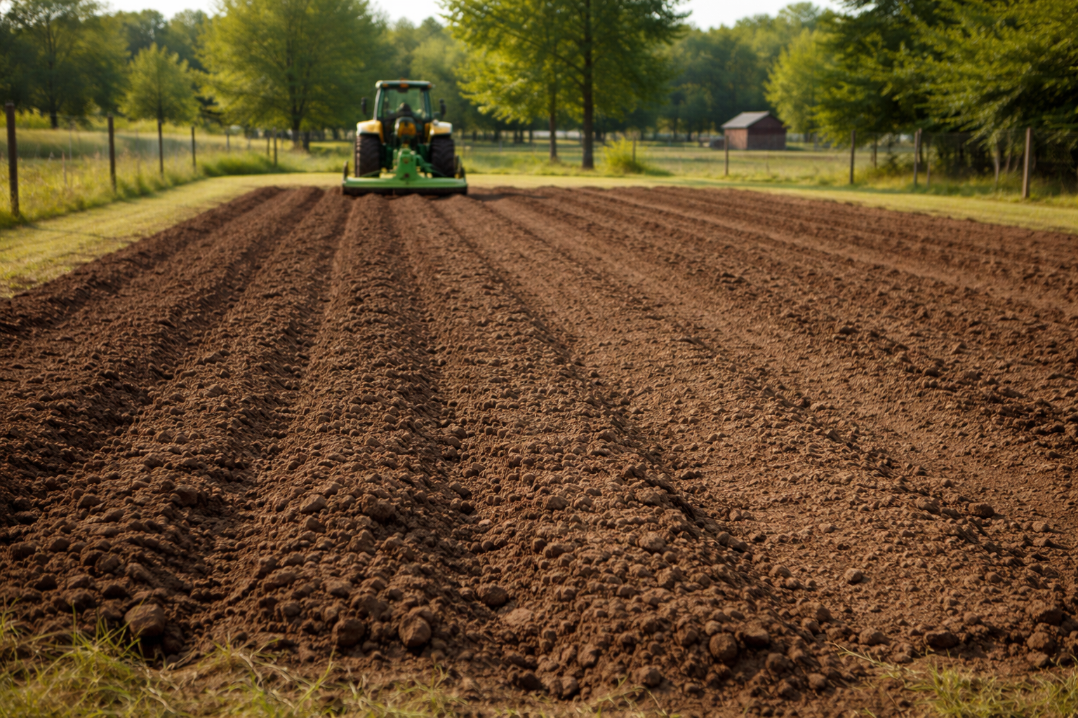 A tractor leveling freshly tilled brown soil in a farm field, surrounded by green trees and a small barn in the background.