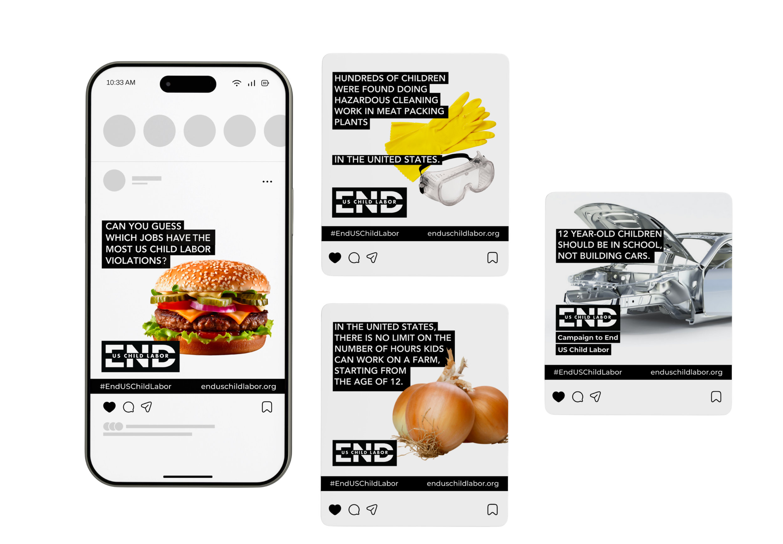 Multiple digital screens display social media posts advocating against child labor, with images of a burger, yellow gloves, goggles, onions, and a car engine, and text highlighting issues and campaigns.