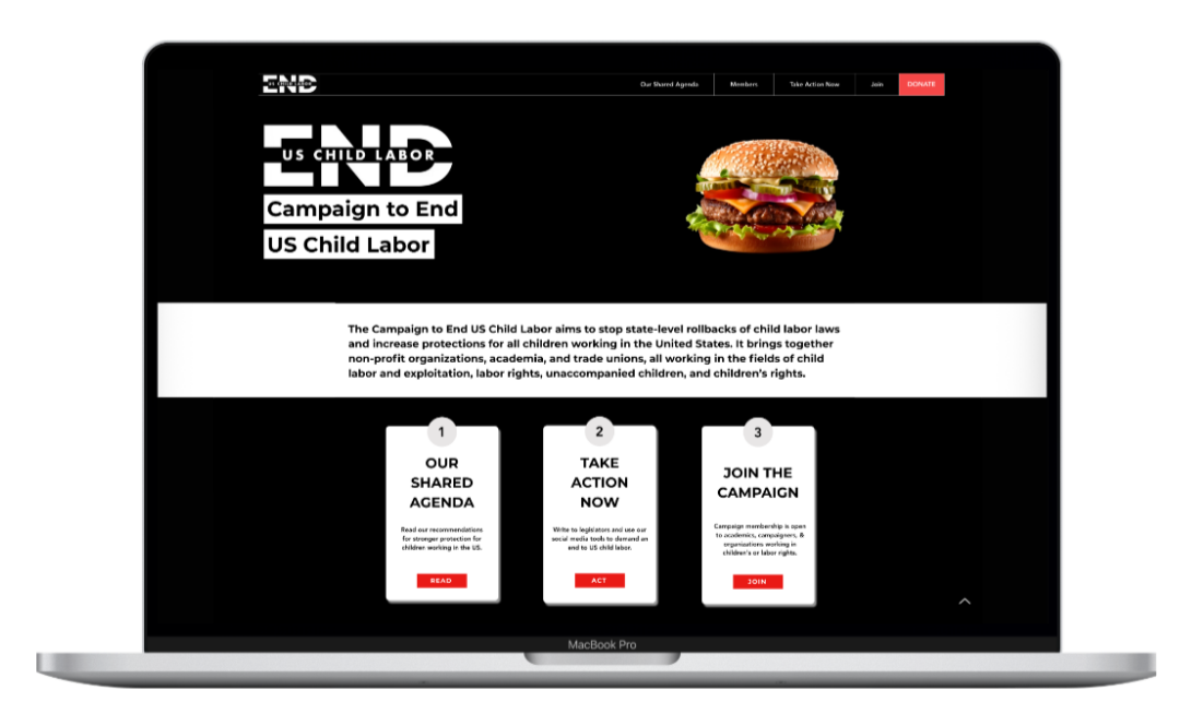 Laptop screen displaying a website for the Campaign to End US Child Labor, featuring a burger image, black background, and white text with red buttons.