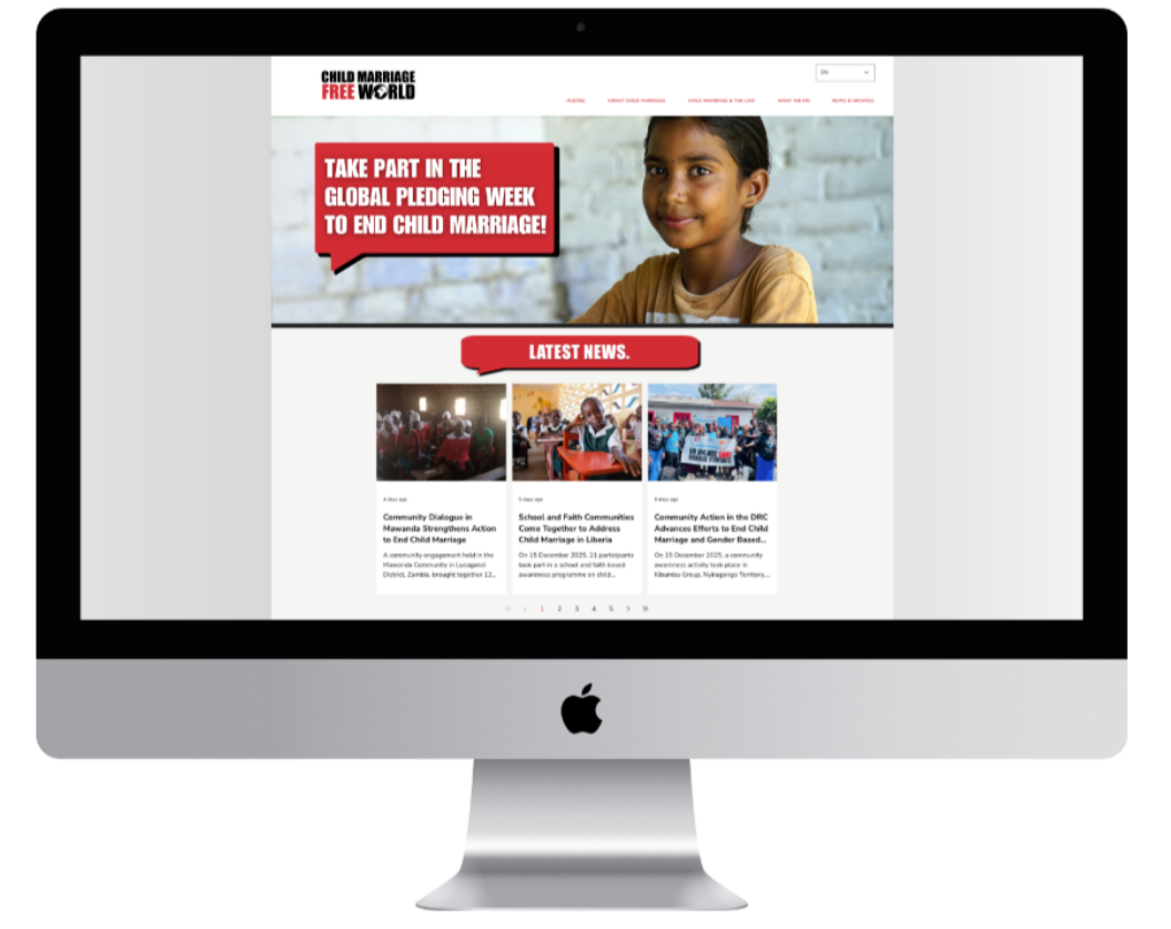 A computer screen displaying a website for Child Marriage Free World. The homepage features a young girl with a background of a brick wall, a red speech bubble urging participation in global pledging week to end child marriage, and news articles about community actions and awareness programs.