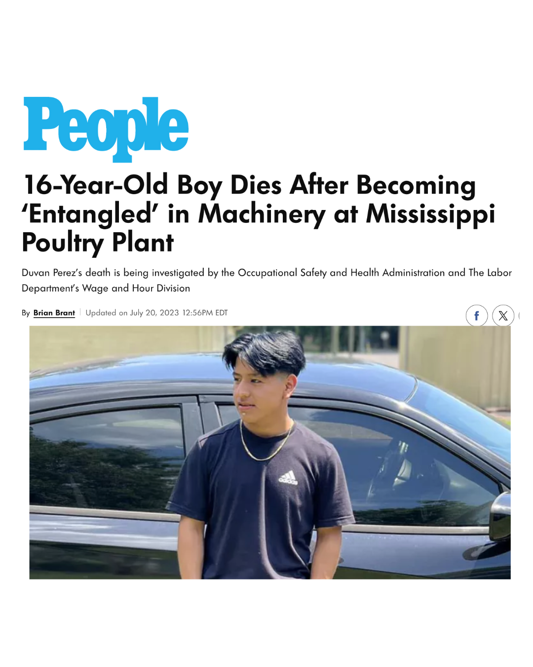 Headline of a news article about a 16-year-old boy who died after becoming entangled in machinery at a poultry plant, with a photo of a teenage boy standing in front of a black car.