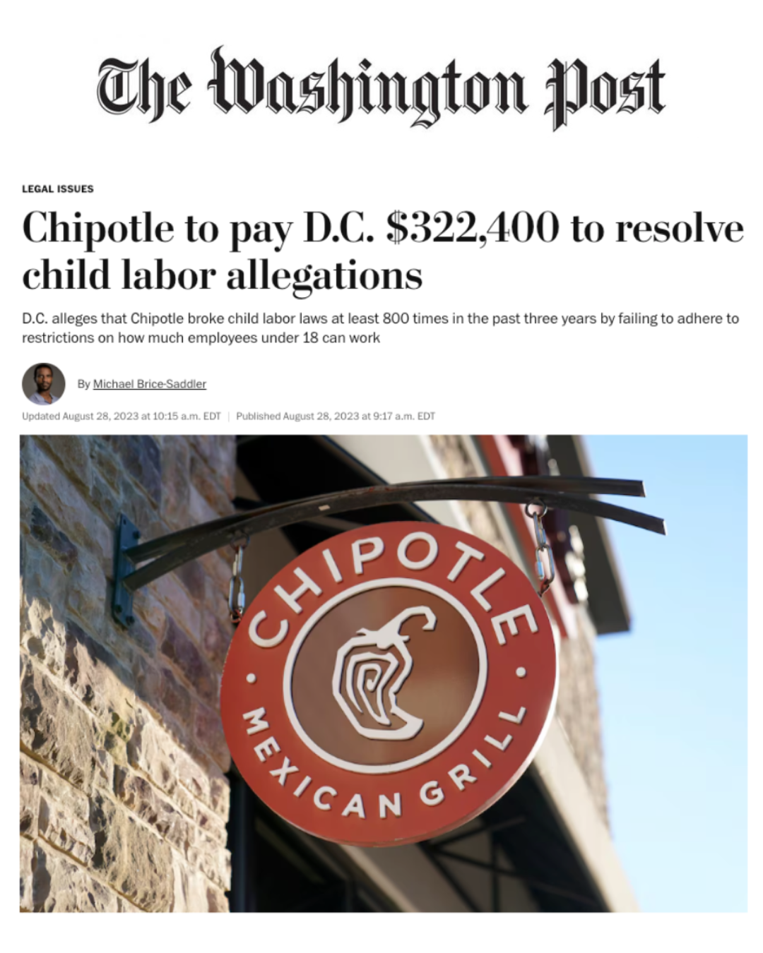 Newspaper article from The Washington Post featuring a headline about Chipotle paying D.C. $322,400 to settle child labor allegations, with a photo of a Chipotle Mexican Grill sign outside a restaurant.