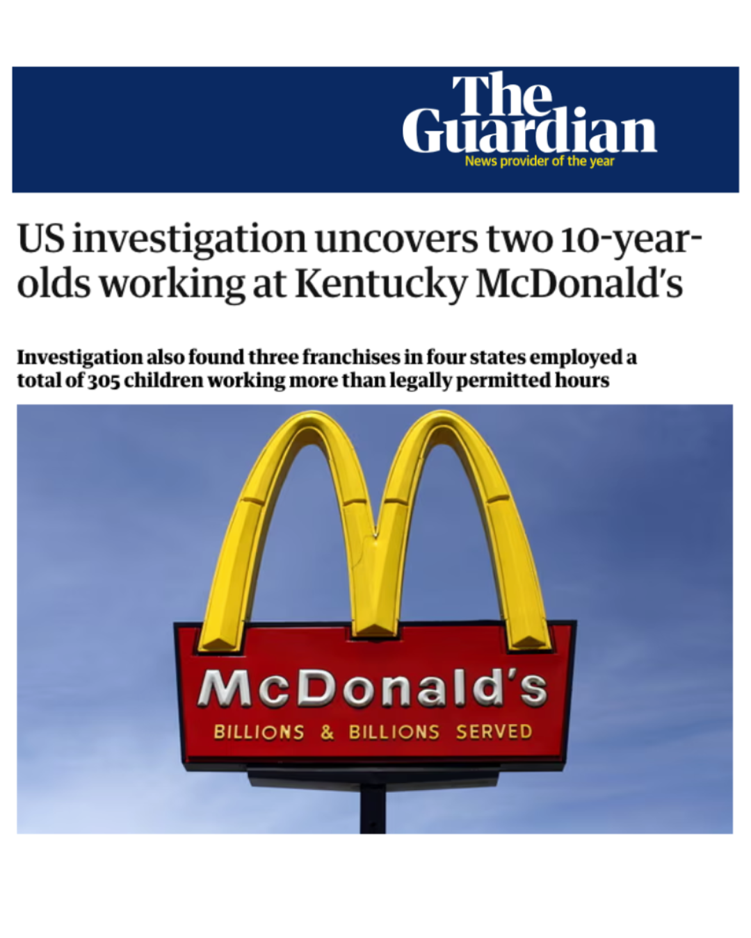 News article headline from The Guardian about a US investigation revealing 10-year-old workers and child labor violations at Kentucky McDonald's, featuring the McDonald's logo with the slogan 'Billions & Billions Served' against a blue sky background.