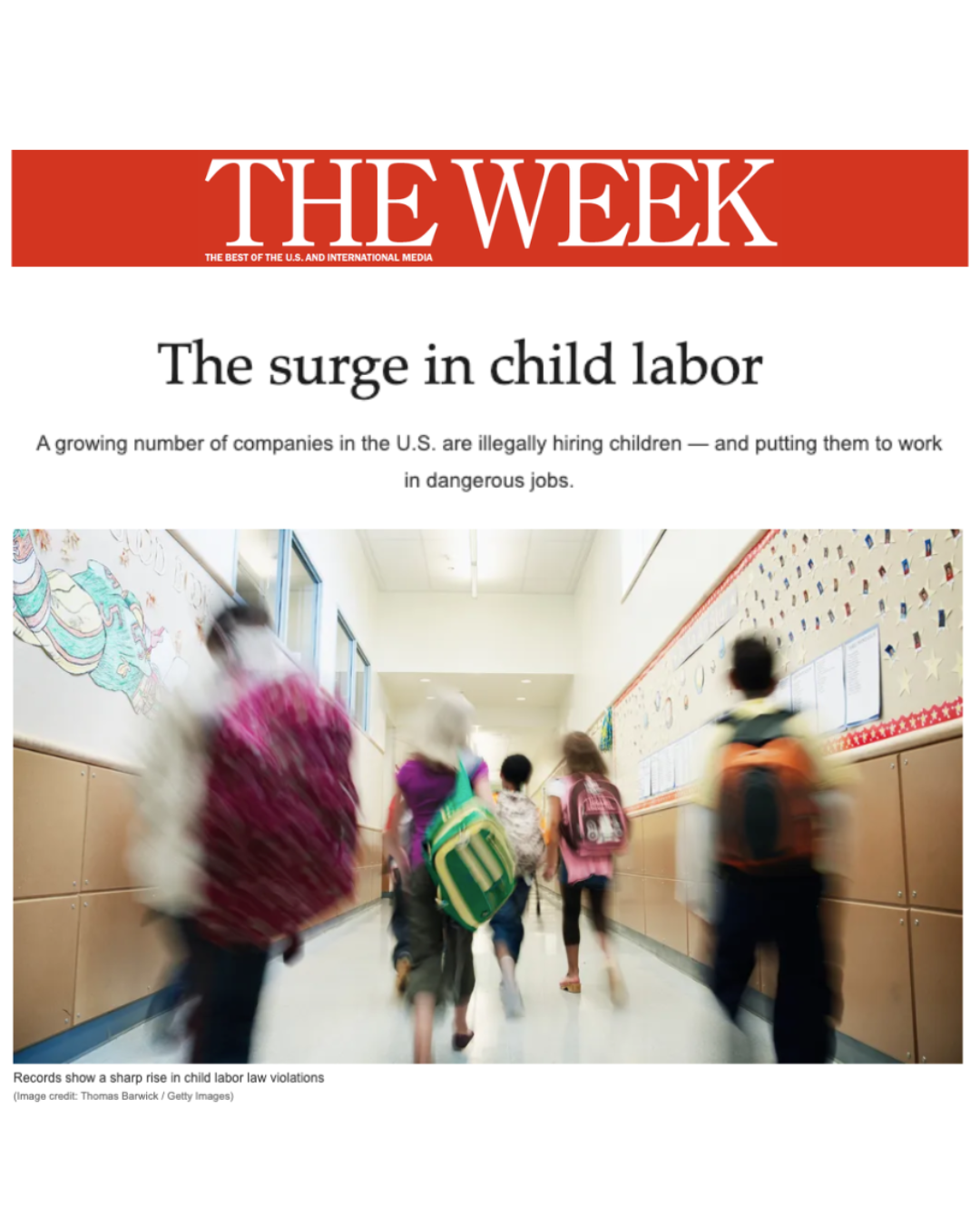 Cover of Time magazine article titled "The surge in child labor" with a photo of children running down a school hallway, carrying backpacks.