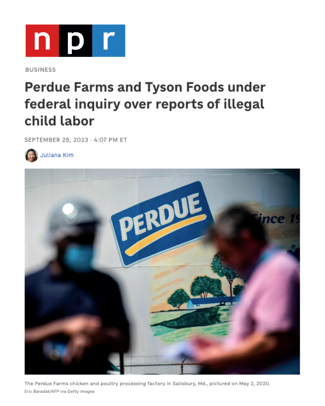 article headline about Perdue Farms and Tyson Foods under federal investigation for suspected illegal child labor. The image shows two blurred individuals in front of a Perdue Farms sign on a building, with trees and a sunset illustration in the background.