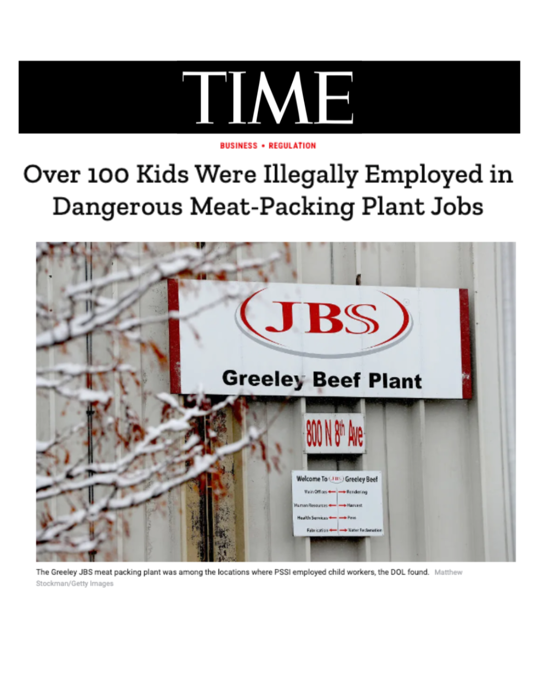 TIME magazine cover with headline about over 100 kids illegally working at a meat-packing plant, featuring a sign for Greeley Beef Plant.