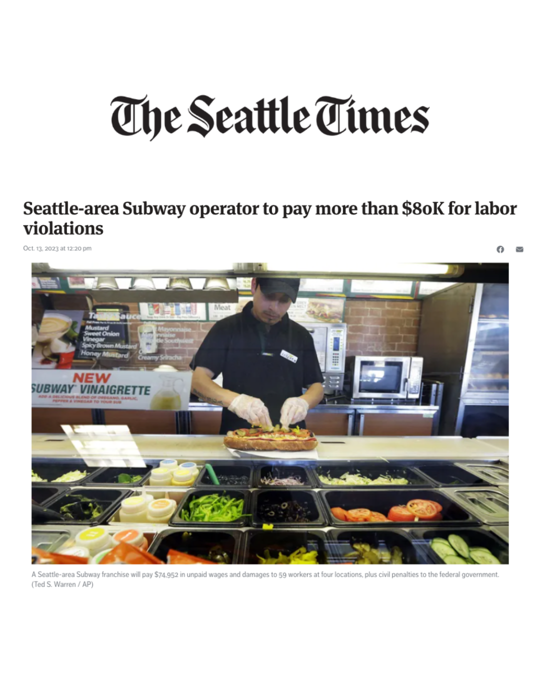 A news article from The Seattle Times about a Seattle-area Subway franchise paying over $80,000 for labor violations, featuring a worker preparing a sandwich with various vegetables and condiments on a counter.