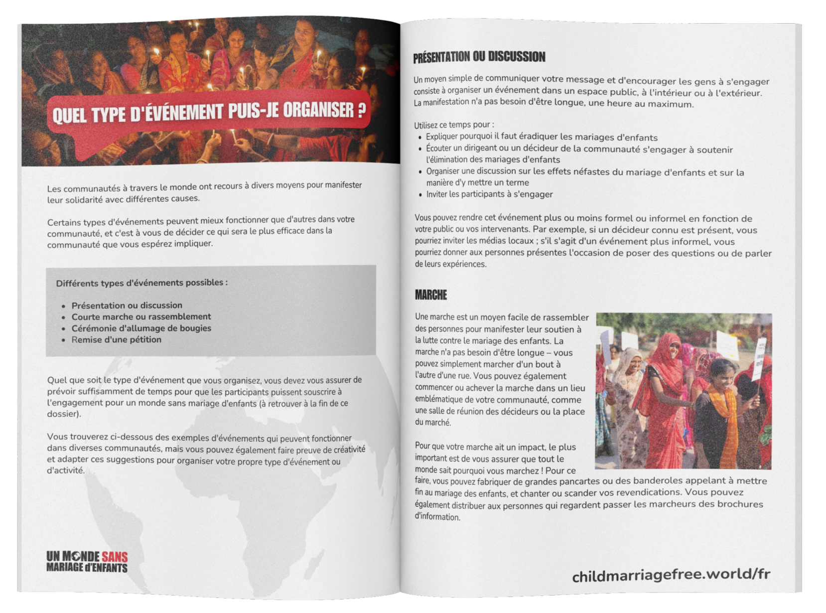 Open book displaying informational content and images. The left page features a header with a crowd of women holding candles, and a red banner with white text reading 'Quel type d'événement puis-je organiser ?'. The text discusses community events against child marriage, listing different event types such as discussions and petitions. The bottom of the left page has a logo with a world map, and text reading 'Un monde sans mariage d'enfants'. The right page includes a title 'Présentation ou discussion' and text about organizing community events, accompanied by a photo of women at a march, some holding signs, walking outdoors.