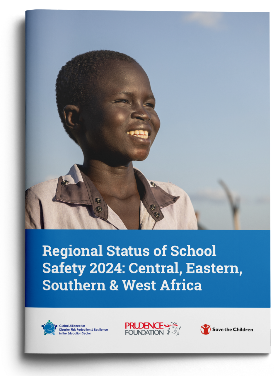 Cover of a report titled 'Regional Status of School Safety 2024: Central, Eastern, Southern & West Africa' featuring a smiling young African boy outdoors under a blue sky, with logos of Global Alliance for Disaster Risk Reduction & Resilience, Prudence Foundation, and Save the Children at the bottom.