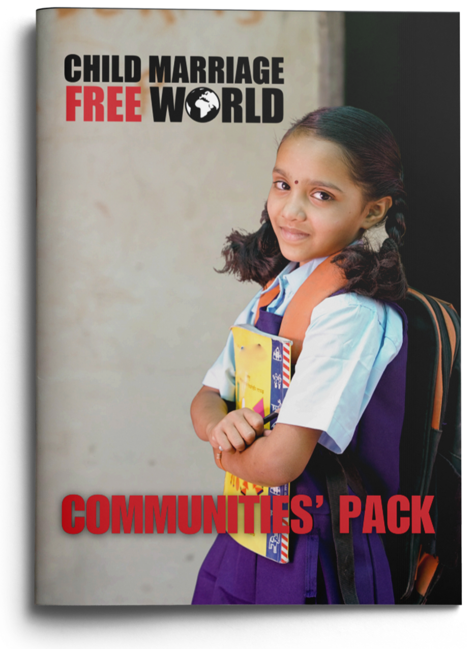 A young girl in a school uniform holding a book, standing with her arms crossed, wearing a backpack, with text that reads 'Child Marriage Free World' and 'Communities Pack' on the image.
