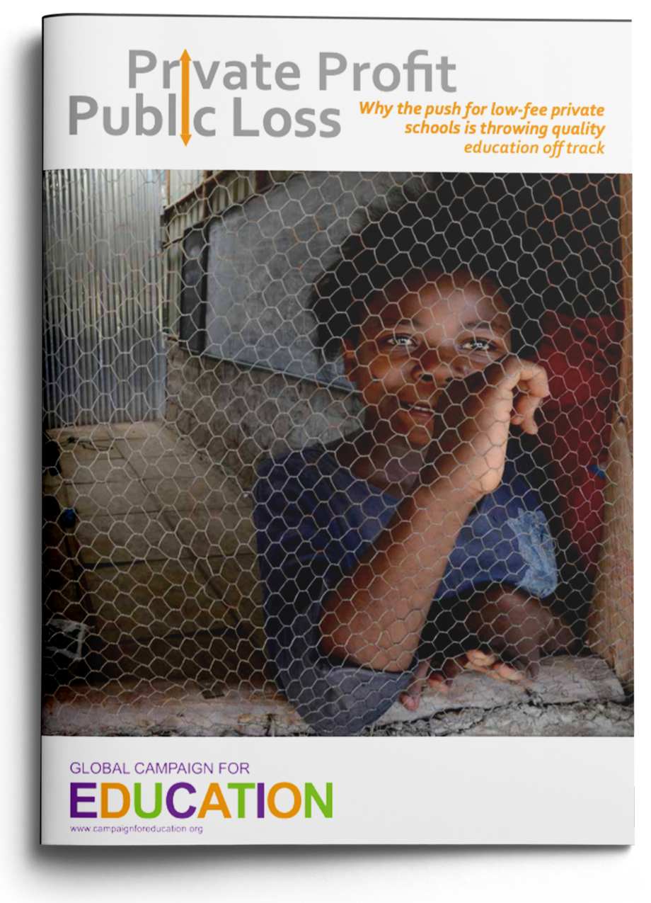 Cover of a publication titled 'Private Profit Public Loss' with a subtitle about low-fee private schools impacting education quality, featuring a photo of a child looking through a wire fence.