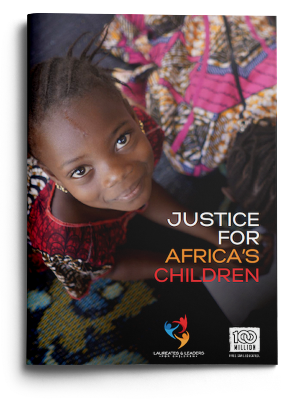Cover image of a report titled 'Justice for Africa's Children' showing a smiling young African girl looking up, with a colorful patterned fabric in the background.