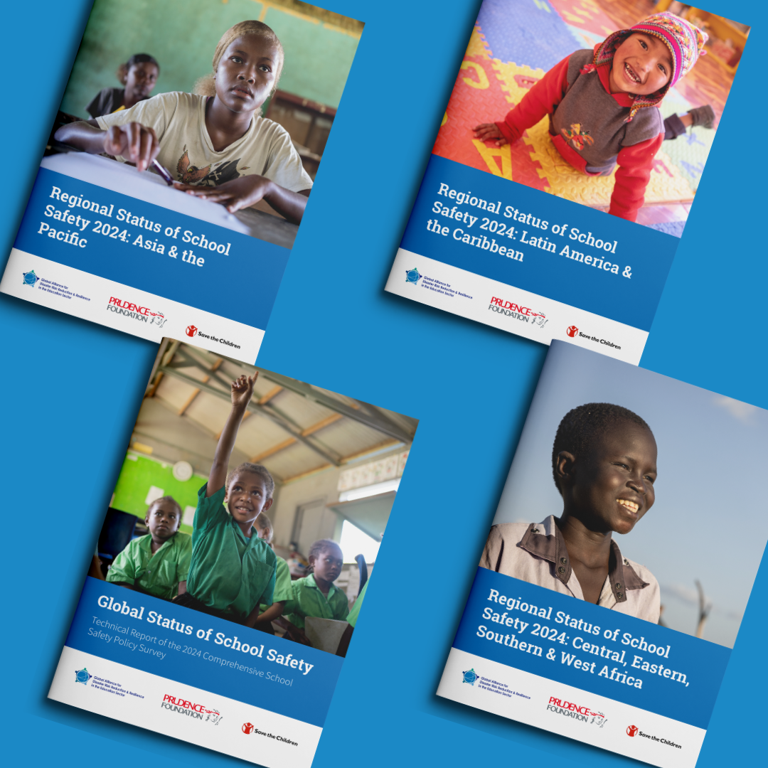Four reports on school safety from the Global Alliance for Disaster Risk Reduction and Resilience in the Education Sector sponsored by the Prudence Foundation and Save the Children, featuring children from Africa, Latin America, and Asia.