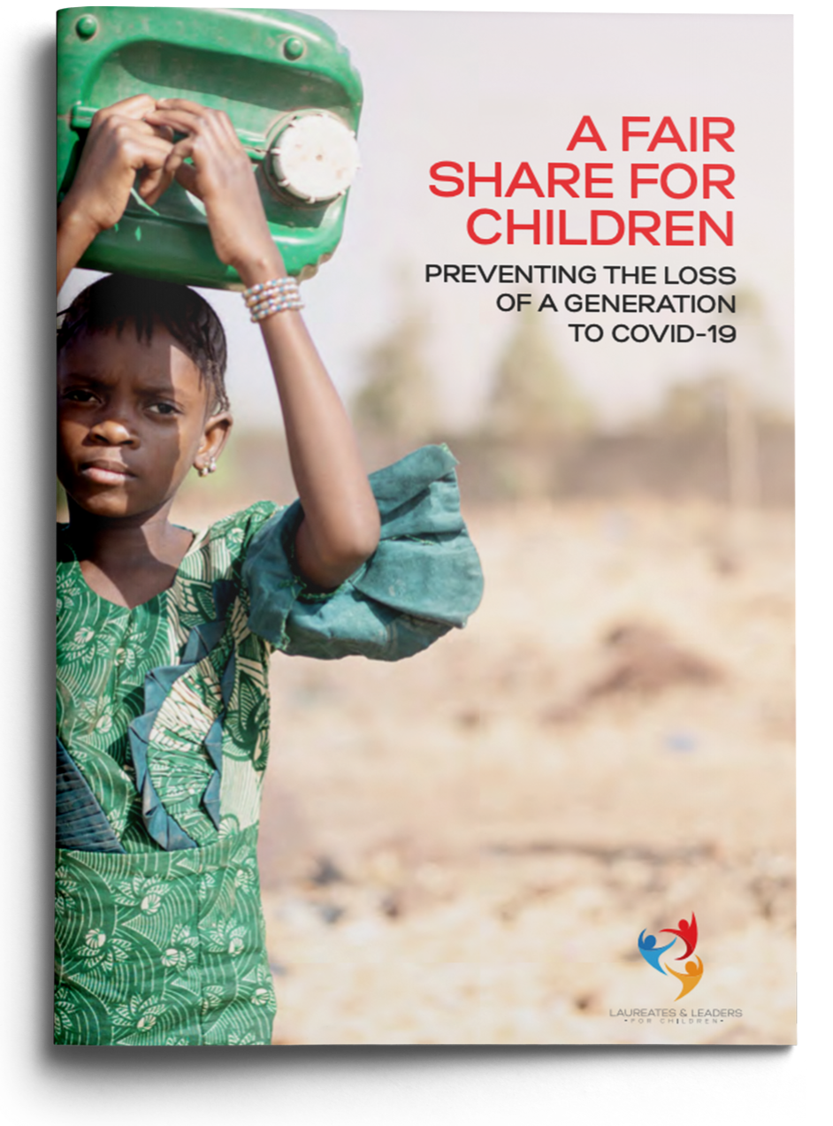 A young girl holding a green plastic container over her shoulder, standing outdoors with a serious expression, alongside text promoting fair sharing for children to prevent COVID-19 loss across generations.