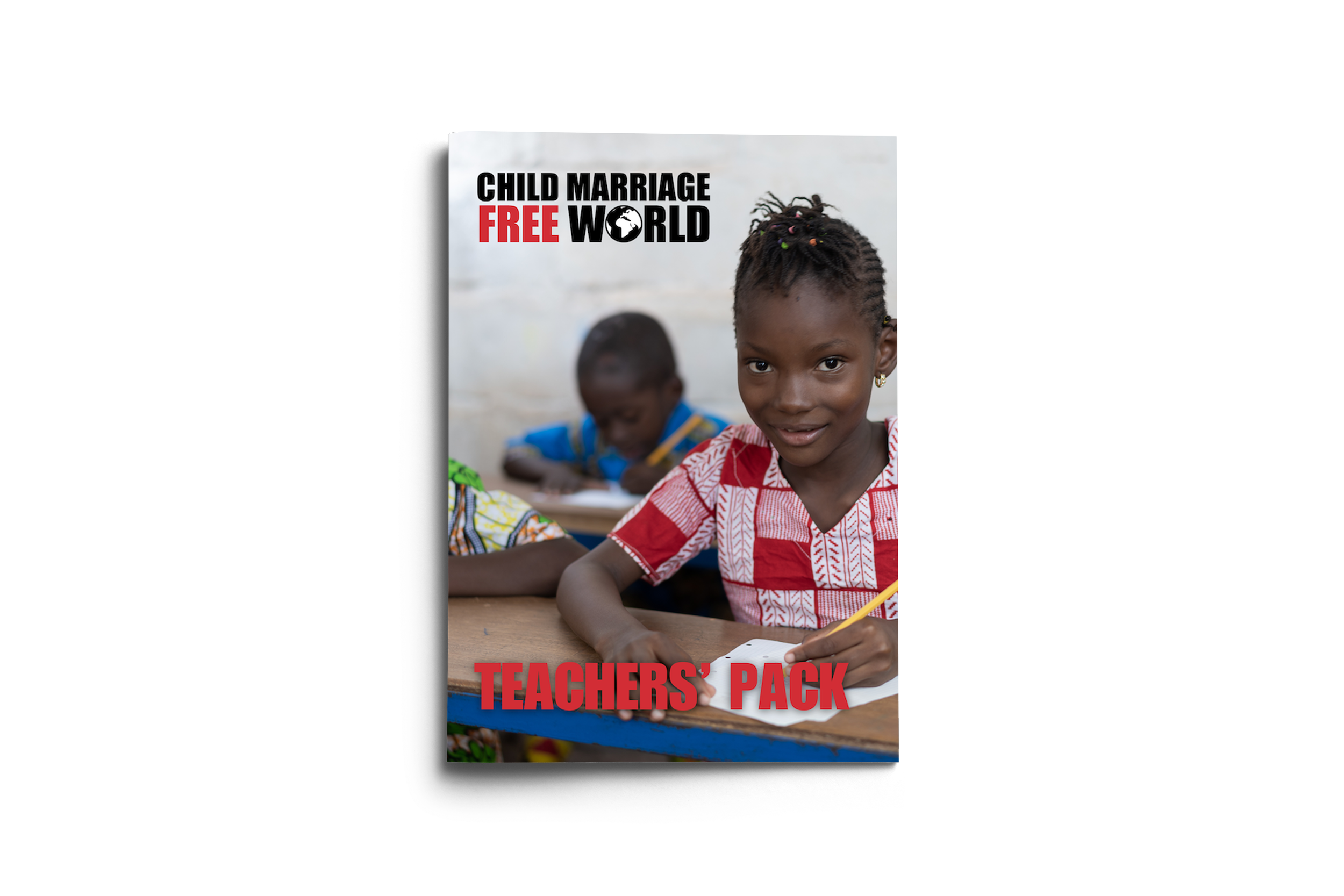 A young girl with braided hair and colorful beads, sitting at a desk with a pencil in her hand and looking at the camera, in a classroom setting. The image is part of a promotional material titled 'Child Marriage Free World' and 'Teachers' Pack'.
