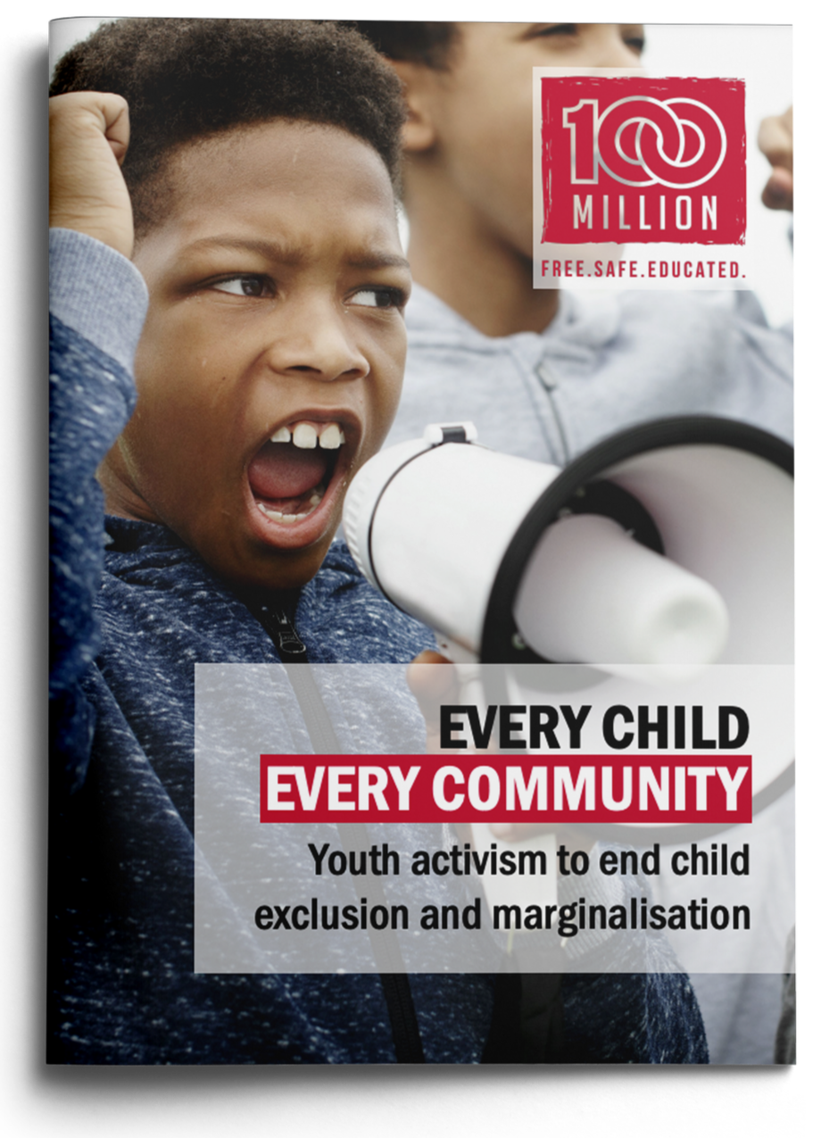 A young boy shouting into a megaphone during a protest or rally. The image features a logo with '100 Million' and the text 'Free. Safe. Educated.' in the top right corner. The text on the image reads: 'Every child, EVERY COMMUNITY, Youth activism to end child exclusion and marginalization.'