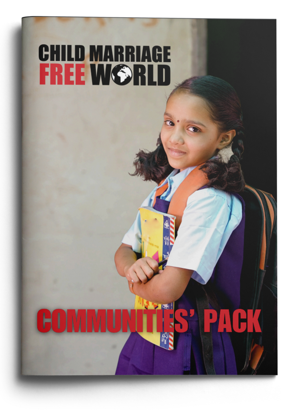 A young girl with braided hair wearing a school uniform, holding books, and standing with a backpack, with text that reads "Child Marriage Free World Communities' Pack."