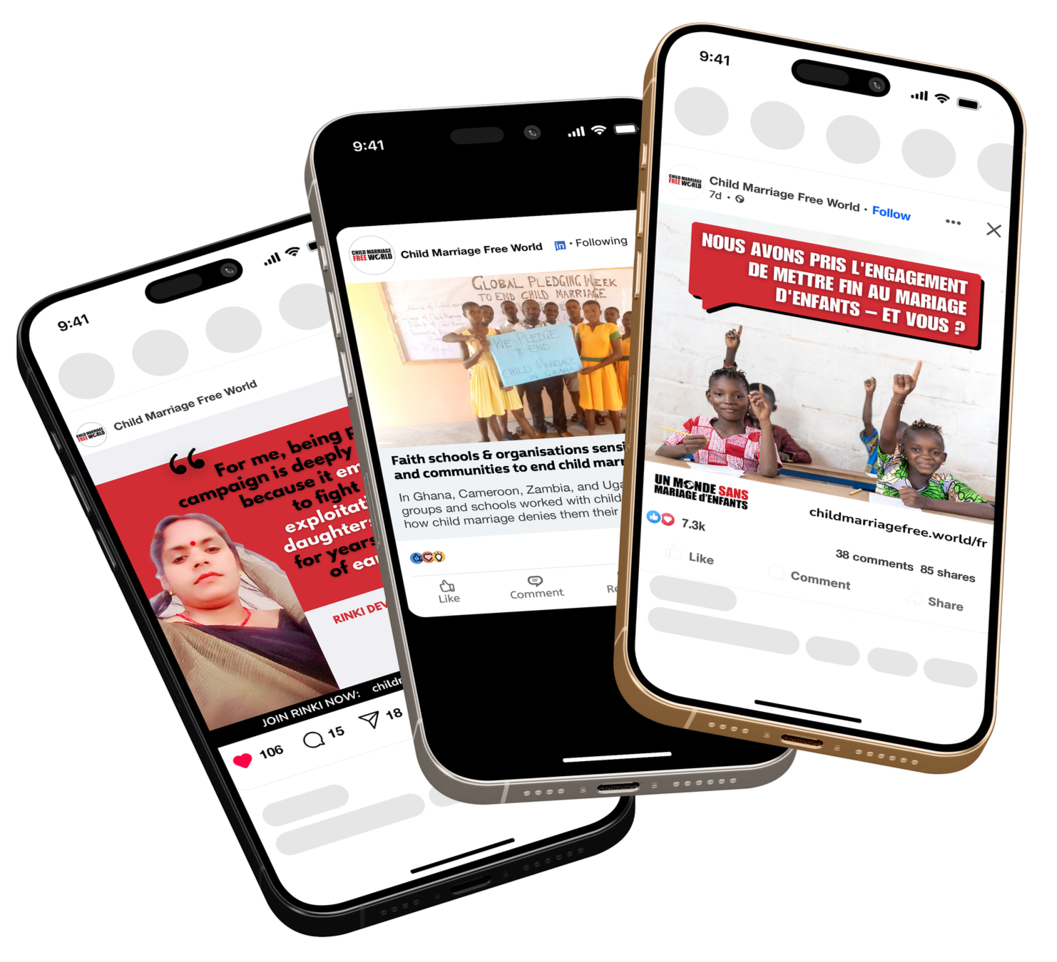 Three smartphones displaying social media posts about child marriage awareness and campaigns, with images of children and advocates.