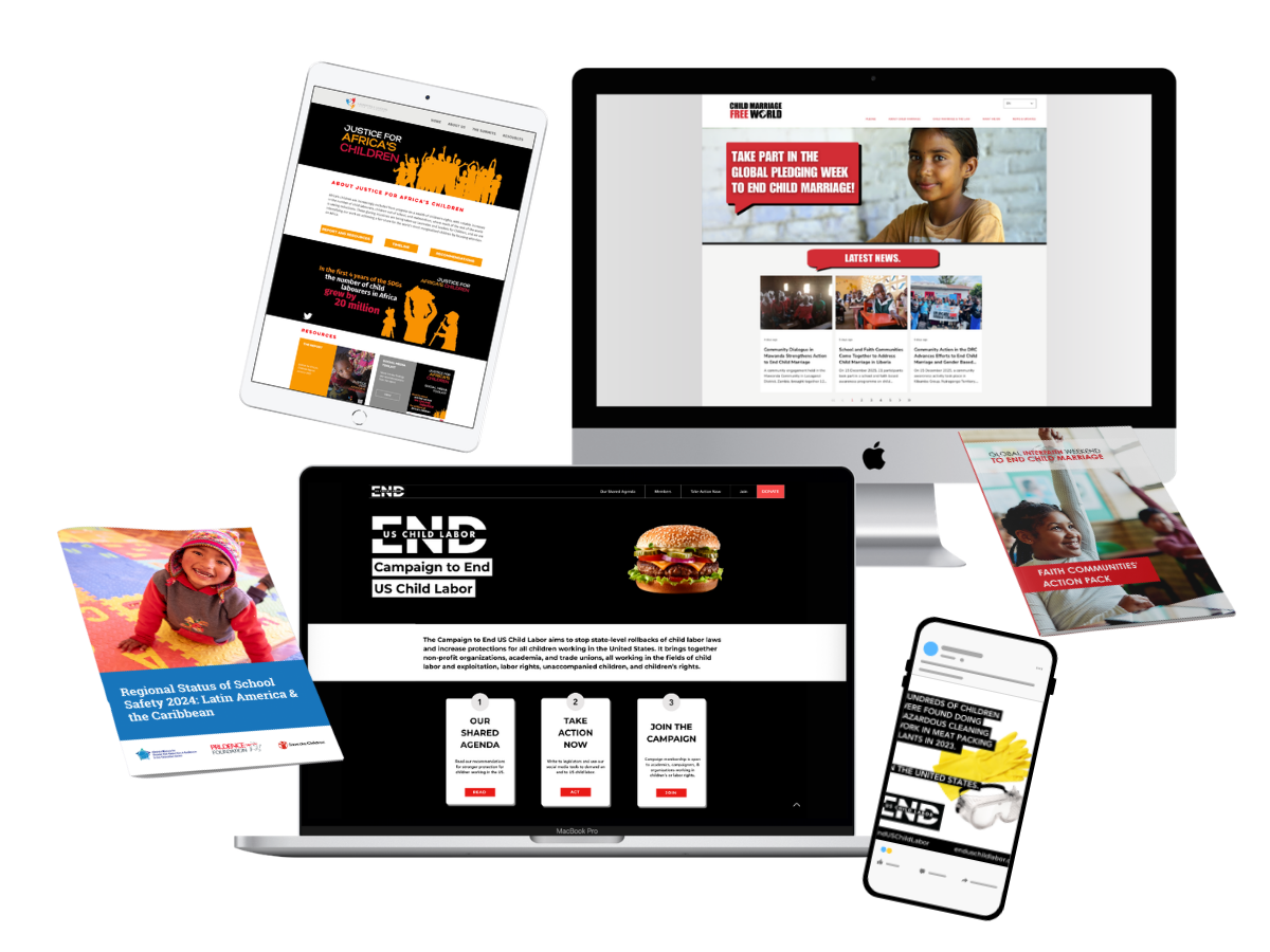 Several screens and devices displaying various websites and publications related to child advocacy, child labor, and children's rights, including a laptop, desktop, tablet, and smartphone.