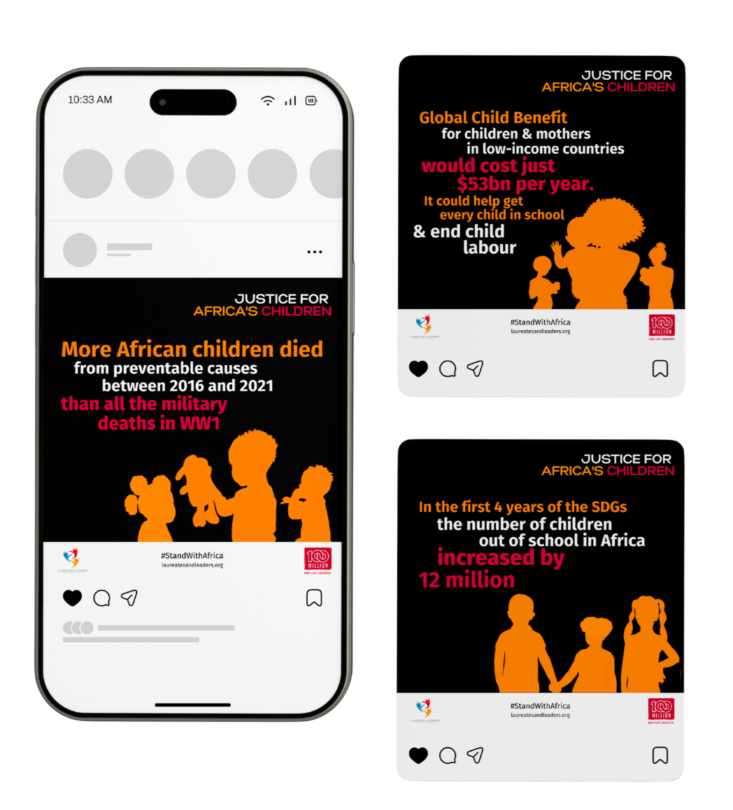 Three social media graphic posts highlighting statistics about children in Africa, including high child mortality rates and increased numbers of out-of-school children.