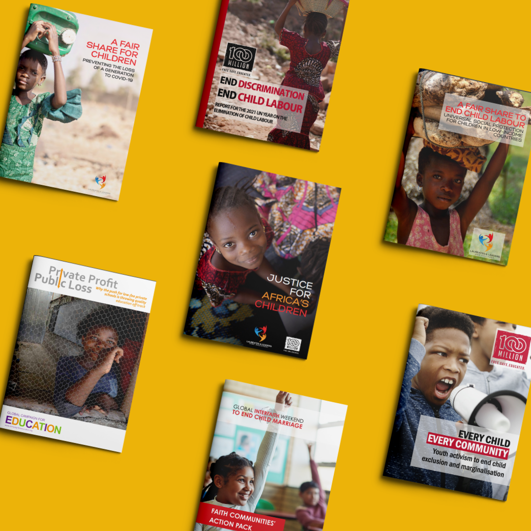 A collection of thumbnails of reports on children’s rights and human rights, including themes such as child labor, education, child marriage, and community activism in Africa.