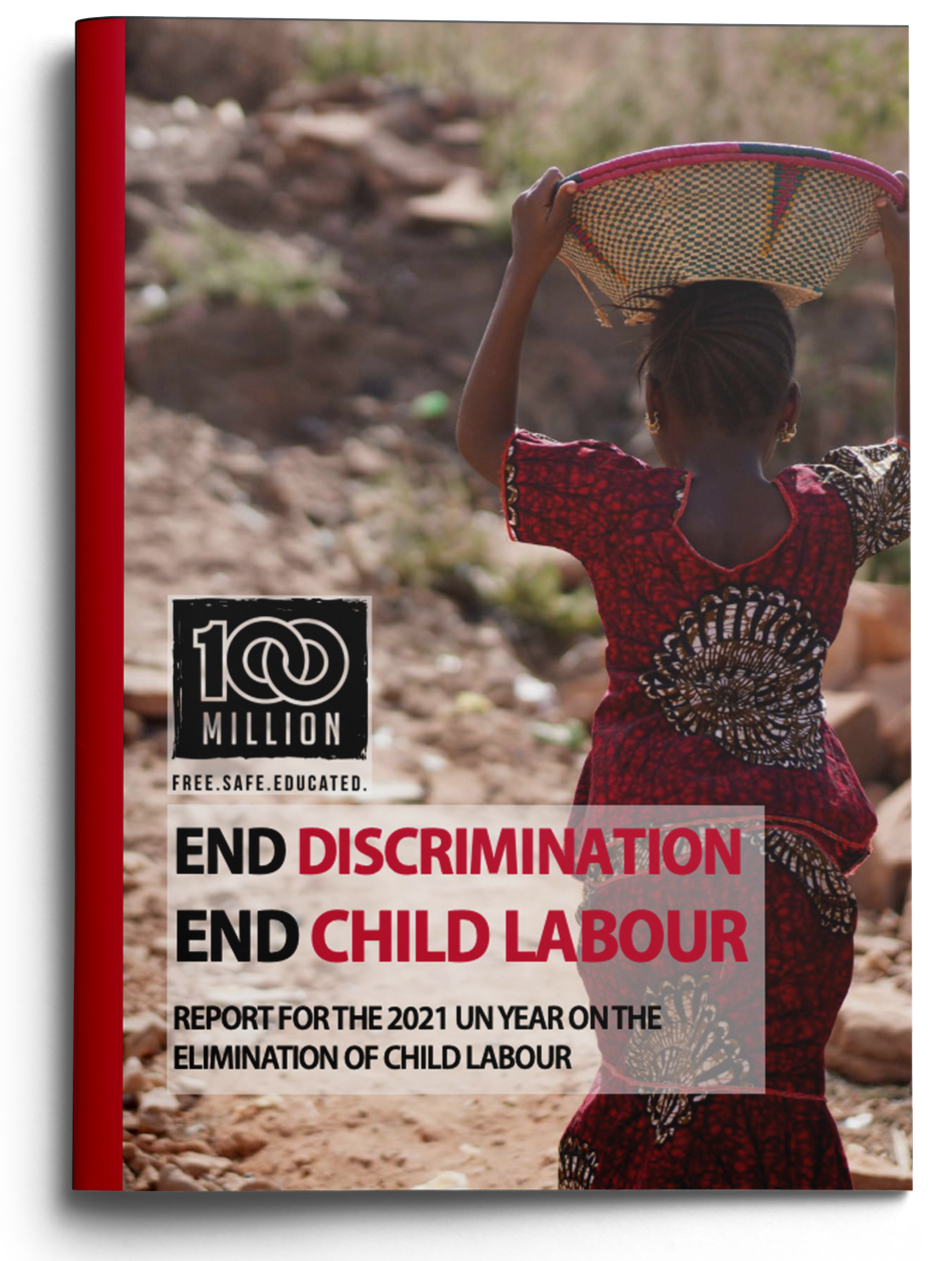 Cover of a report about ending discrimination and child labor, featuring a young girl with braids walking outdoors, carrying a woven basket on her head.