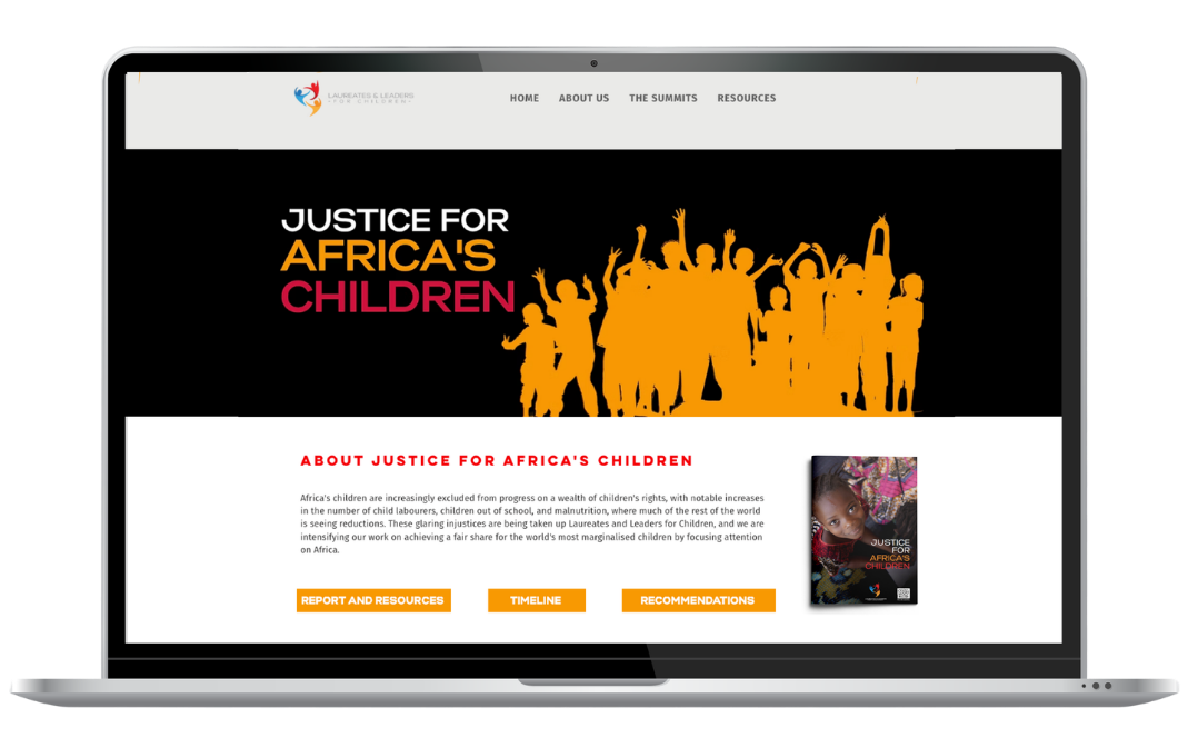 Laptop screen displaying a website titled "Justice for Africa's Children" with a black background, orange silhouette of children, and sections for report, timeline, and recommendations.