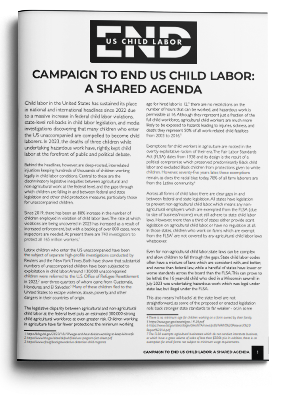 A detailed flyer about a campaign to end US child labor, titled "A Shared Agenda." It discusses the history, current issues, and legal challenges related to child labor in the United States, including references to child labor laws, exemptions, and the need for legislation to protect children from unsafe working conditions.